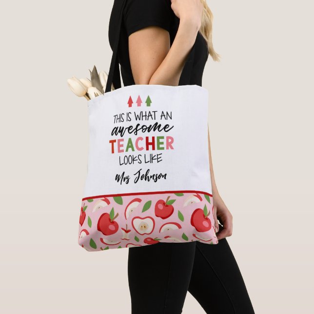 Modern Awesome Teacher Apple Tote Bag (Close Up)