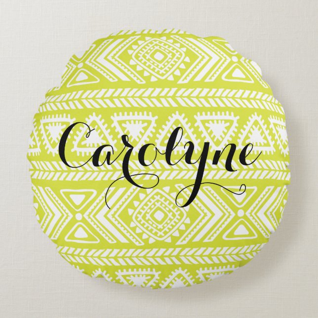 Modern Aztec Pattern | Chartreuse Personalised Round Cushion (Front)