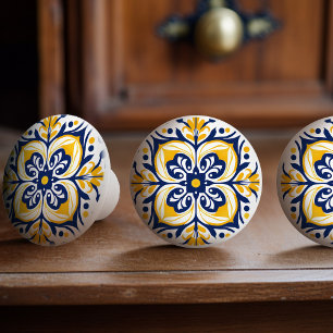 Modern Azulejo Blue Yellow Portuguese Lisbon Ceramic Knob