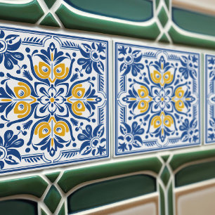Modern Azulejo Blue Yellow Portuguese Lisbon Tile