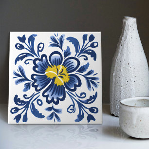 Modern Azulejo Blue Yellow Portuguese Lisbon Tile
