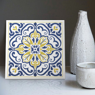 Modern Azulejo Blue Yellow Portuguese Lisbon Tile