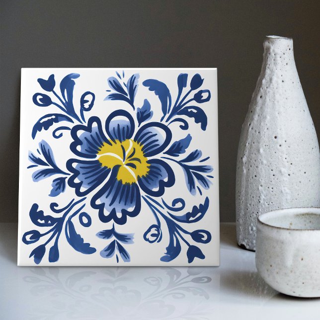 Modern Azulejo Blue Yellow Portuguese Lisbon Tile (Creator Uploaded)