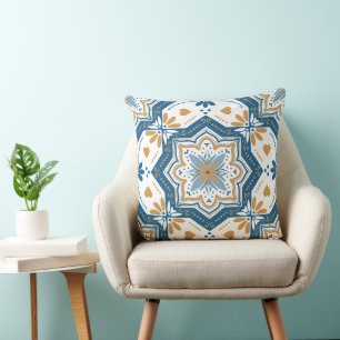 Modern Azulejo Blue Yellow Portuguese Pattern Cushion