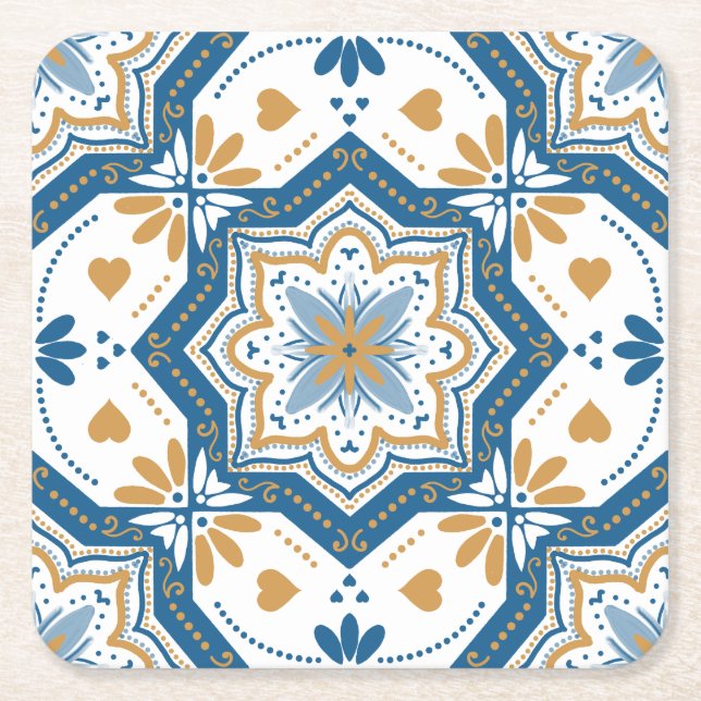 Modern Azulejo Blue Yellow Portuguese Pattern Square Paper Coaster (Front)