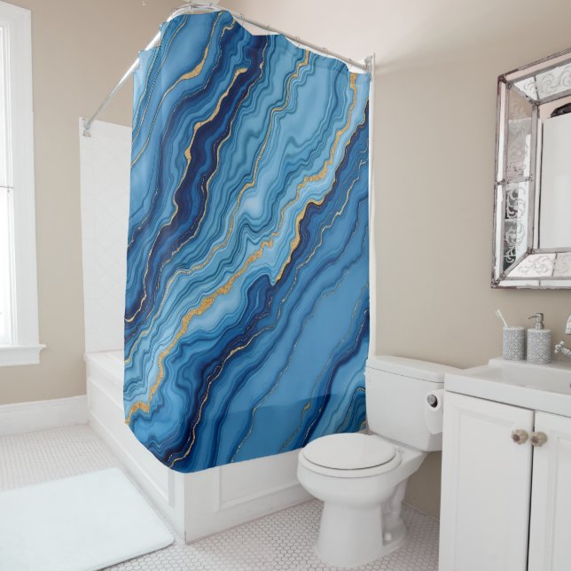 Modern Azure Blue Gold Marble Collection Shower Curtain (In Situ)