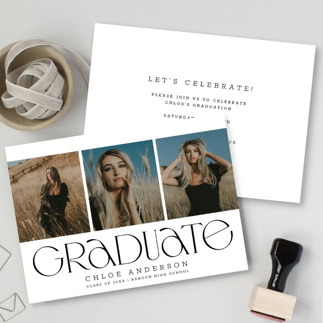 Modern B + W 3 Photo Graduation Announcement  (Creator Uploaded)