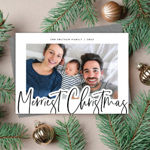 Modern B&W Script Merriest Christmas Photo Holiday Card