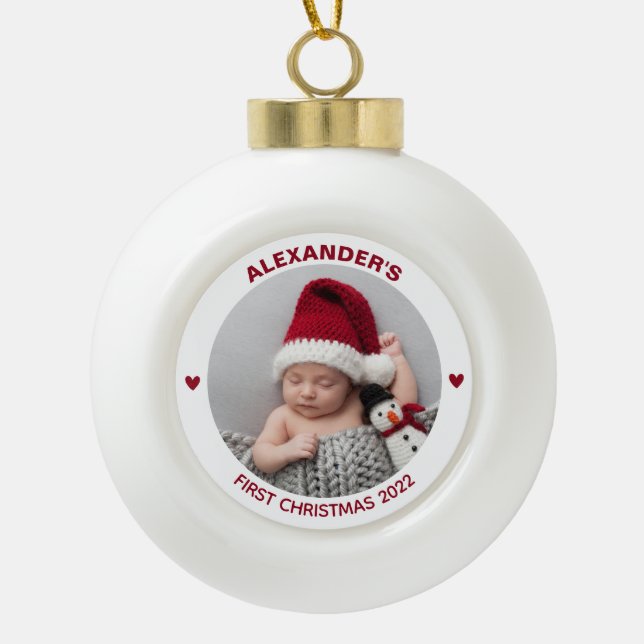 Modern Baby 1st Christmas 2023 Personalised Photo Ceramic Ball Christmas Ornament (Front)