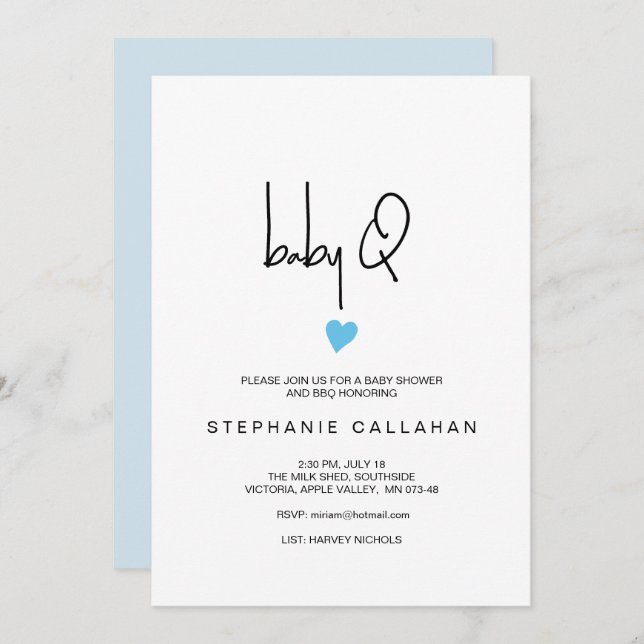 Modern Baby BBQ Shower Tiny Blue Heart  Invitation (Front/Back)