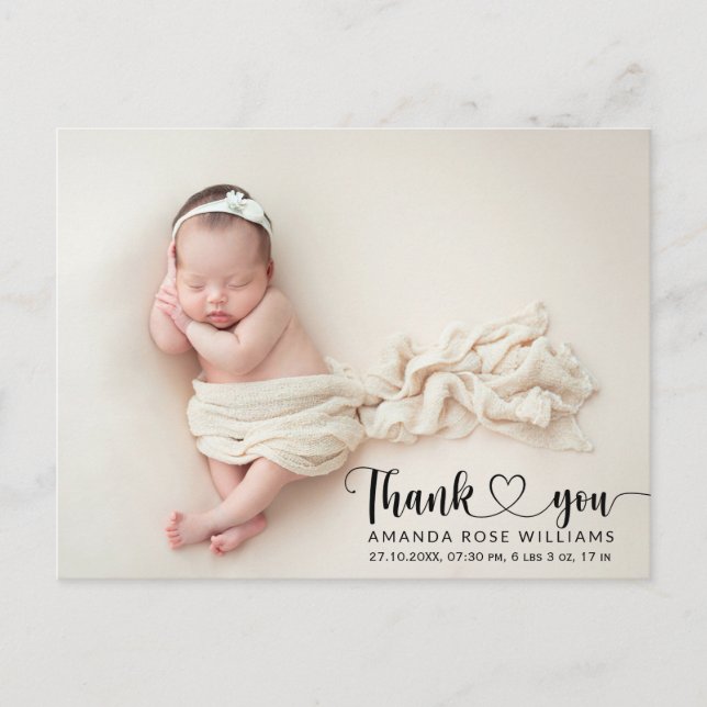 Modern Baby Birth Announcement Photo Thank you Postcard (Front)