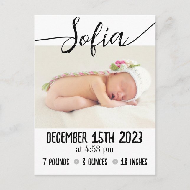 Modern Baby Birth Announcement with Photo & Stats Postcard (Front)
