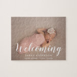 Modern Baby Birth Photo Announcement Jigsaw Puzzle<br><div class="desc">Fun and adorable puzzle for bith announcement with a sweet modern calligraphy.</div>