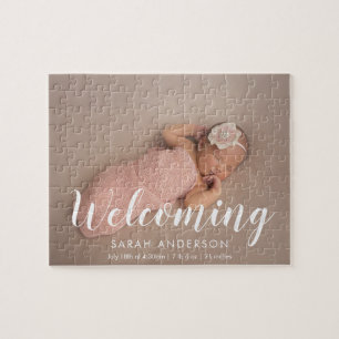Modern Baby Birth Photo Announcement Jigsaw Puzzle