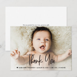 Modern Baby Birth photo Handlettering Baby Shower Thank You Card