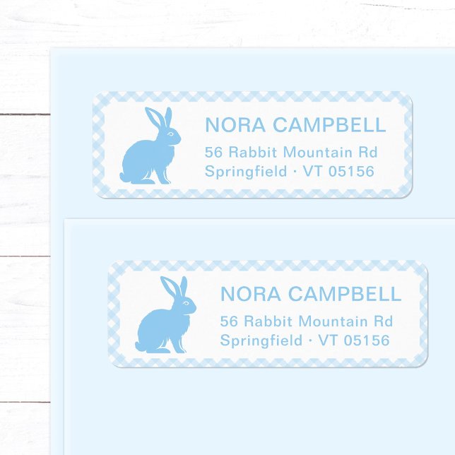 Modern Baby Blue Bunny Gingham Return Address (Modern, cute baby blue bunny return address label with classic gingham checks background.)