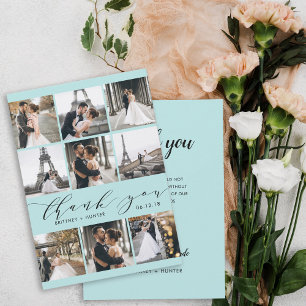 Modern Baby Blue Calligraphy 9 Photo Collage Thank You Card