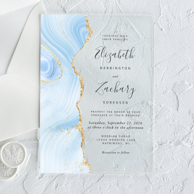 Modern Baby Blue Gold Agate Wedding Acrylic Invitations (Creator Uploaded)