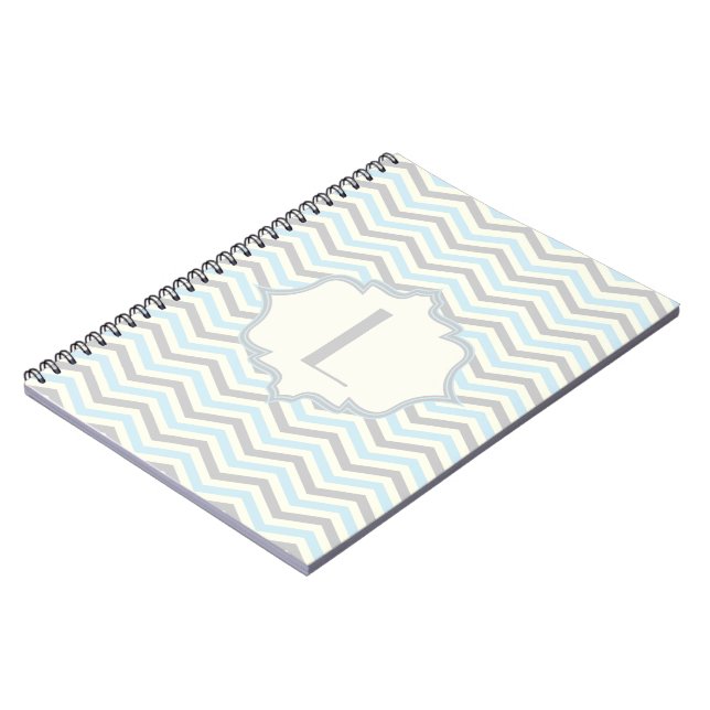 Modern baby blue, grey, ivory chevron pattern spiral notebook (Left Side)
