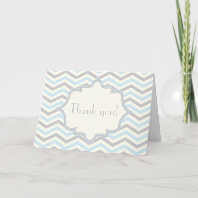 Modern baby blue, grey, ivory chevron pattern thank you card (Front)