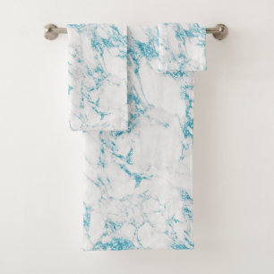Modern Baby Blue Pastel Glitter Foil White Marble Bath Towel Set