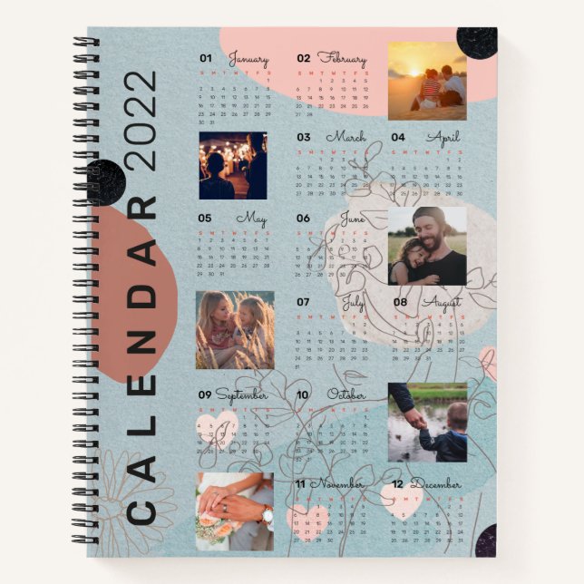 Modern Baby blue Personalised Photos 2022 Calendar Notebook (Front)