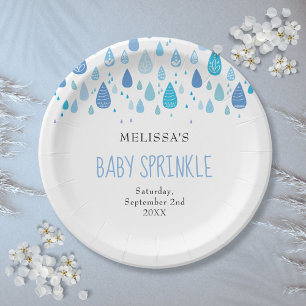 Modern Baby Blue Raindrops Baby Boy Sprinkle Paper Plate