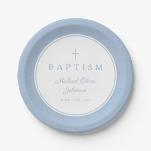 Modern Baby Blue Religious Cross Baptism Paper Plate