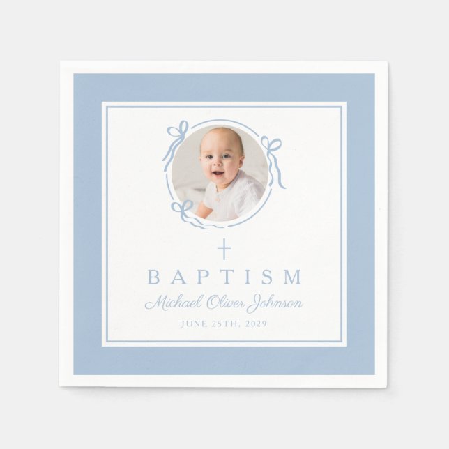 Modern Baby Blue Religius Cross Boy Baptism Napkin (Front)