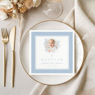 Modern Baby Blue Religius Cross Boy Baptism Napkin