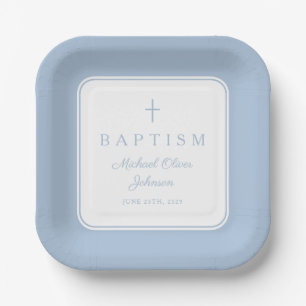 Modern Baby Blue Religius Cross Boy Baptism Paper Plate