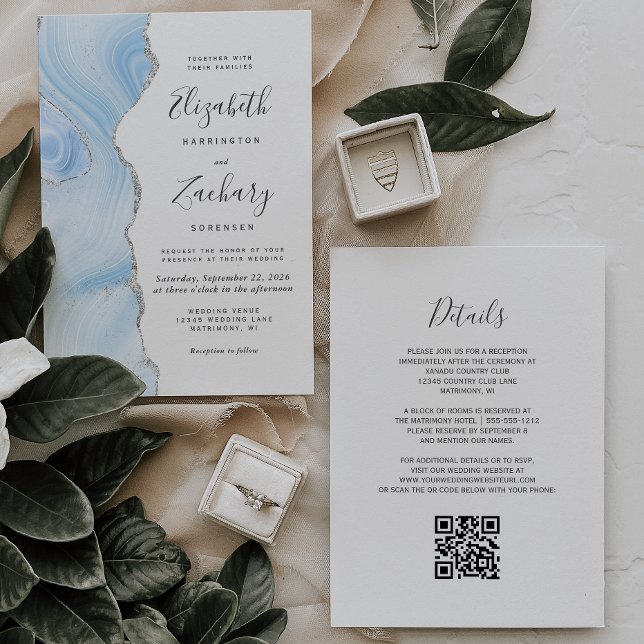 Modern Baby Blue Silver Agate QR Code Wedding Invitation (Creator Uploaded)