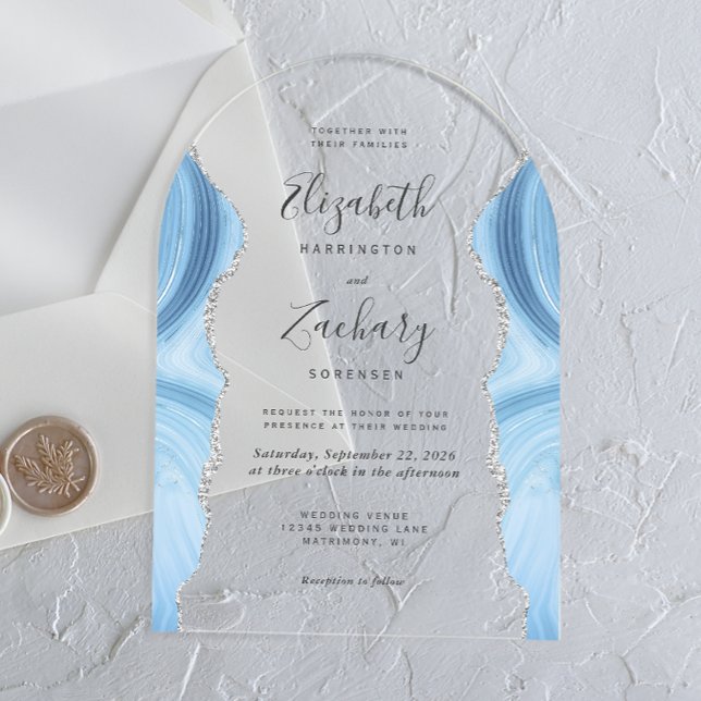 Modern Baby Blue Silver Agate Wedding Arch Acrylic Invitations (Creator Uploaded)