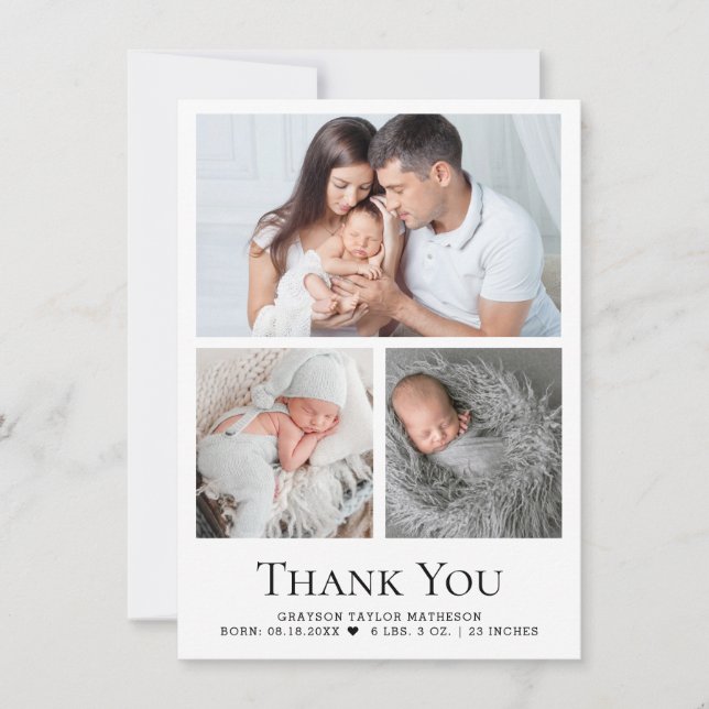 Modern Baby Boy 3 Photos Birth Stat Thank You Card (Front)