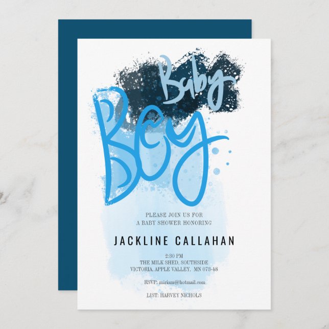 Modern baby boy blue shower invitation (Front/Back)