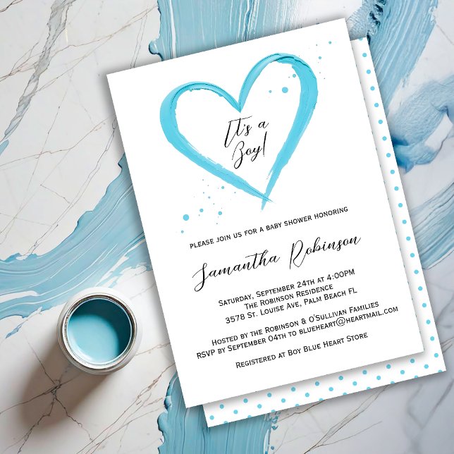 Modern Baby Boy Dusty Blue Heart Baby Shower Invitation (Creator Uploaded)
