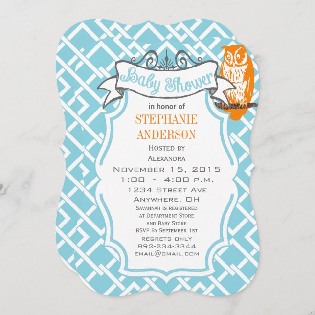 Modern Baby Boy Geometric Pattern Owl Shower Invitation (Front/Back)