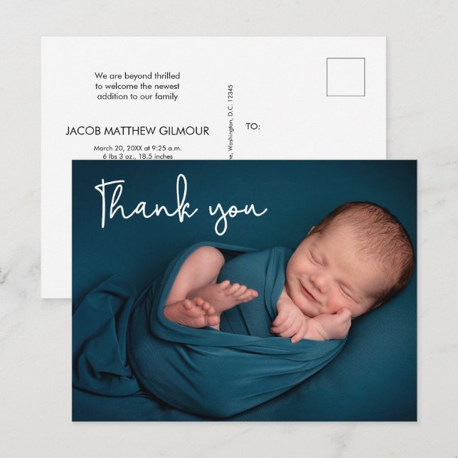 Modern Baby Boy Photo baby shower Thank You Postcard (Front/Back)