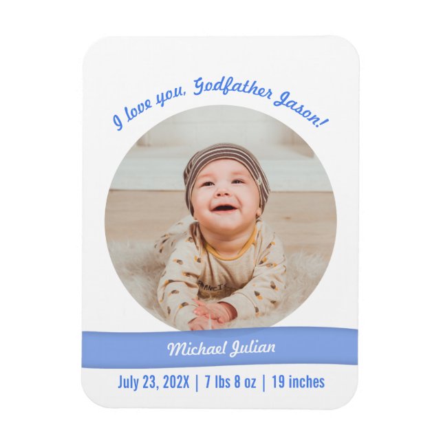 Modern Baby Boy Photo Birth Announcement Godfather Magnet (Vertical)
