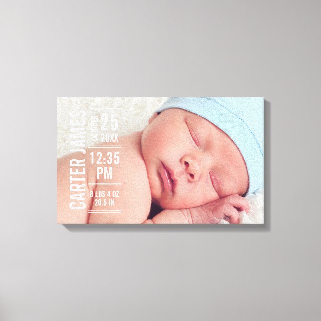 Modern Baby Boy Photo Birth Stats Keepsake Canvas Print (Front)