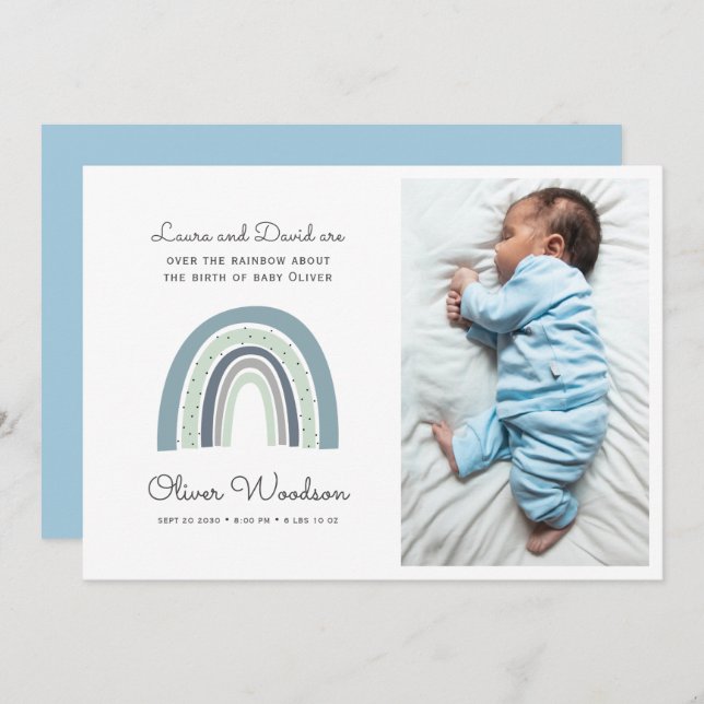 Modern Baby Boy Photo Blue Birth Announcement  (Front/Back)