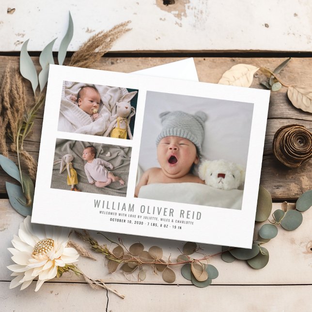 Modern Baby Boy Photo Collage Birth Announcement (Creator Uploaded)