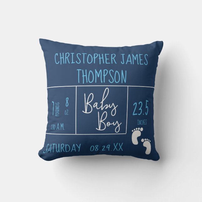 Modern Baby Boy photo Dark Blue Birth Announcement Cushion (Front)