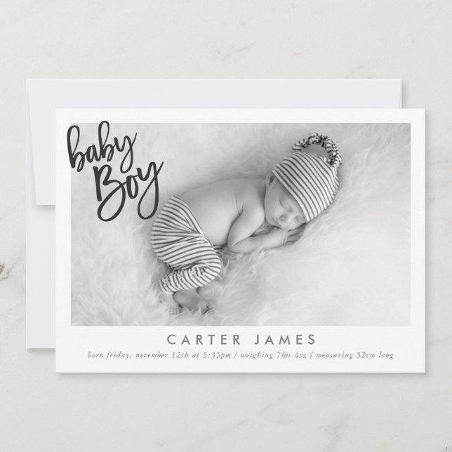 MODERN BABY BOY PHOTO simple calligraphy overlay Announcement (Front)