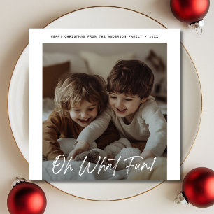 Modern Baby Christmas Photo Oh What Fun Burgundy Holiday Card