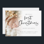 Modern Baby First Christmas Custom Photo Card<br><div class="desc">Modern Baby First Christmas Custom Photo Card. Available digitally and printed. Lovely to celebrate your baby's first Christmas. A playful set script for First Christmas and the rest of the text is easy to personalise. Replace the sample photo with your own. A gradient overlay layer is on top of your...</div>