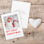 Modern Baby First Christmas Photo  Holiday Card<br><div class="desc">Modern Baby First Christmas Photo. My First Christmas in a modern bold typography in red. Simply replace the sample image with your own favourite of square format and personalise with your greeting and name at the bottom and message on the back.</div>