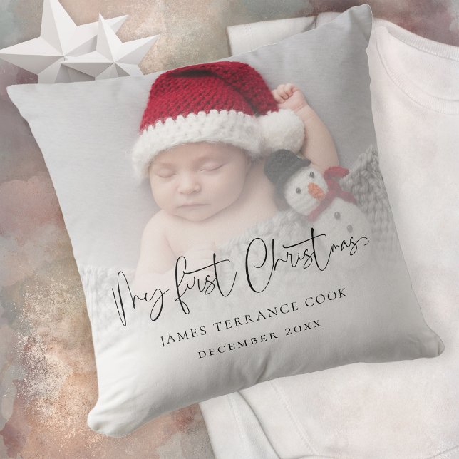 Modern Baby First Christmas Photo Overlay  Cushion (Same design is on both sides)