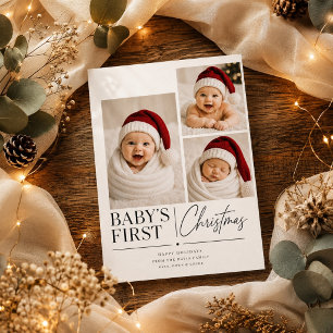 Modern Baby First Christmas Three Photo Holiday Card