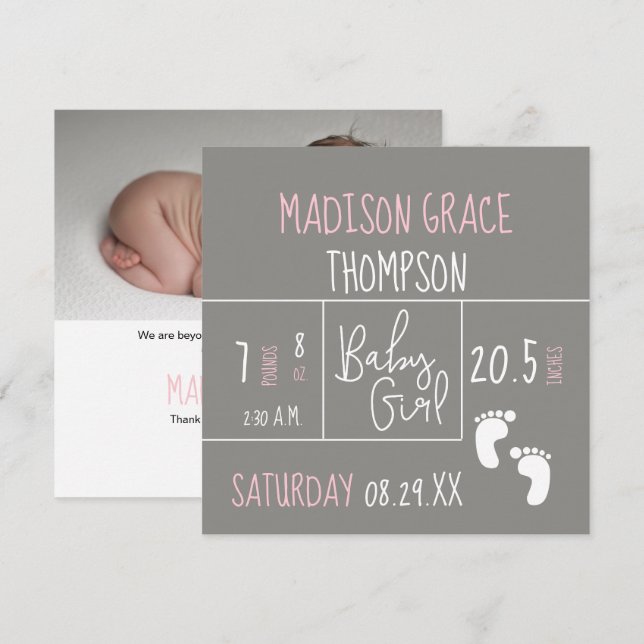 Modern Baby Girl  Birth Announcement Photo Pink (Front/Back)